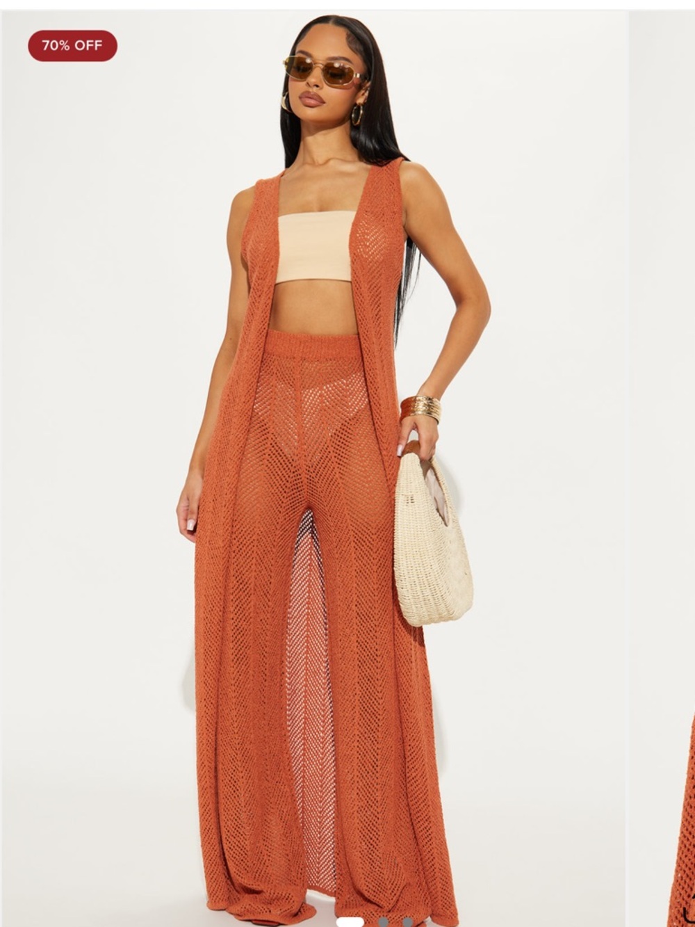 Fashion Nova Rust Crochet Wide-Leg Pants Set